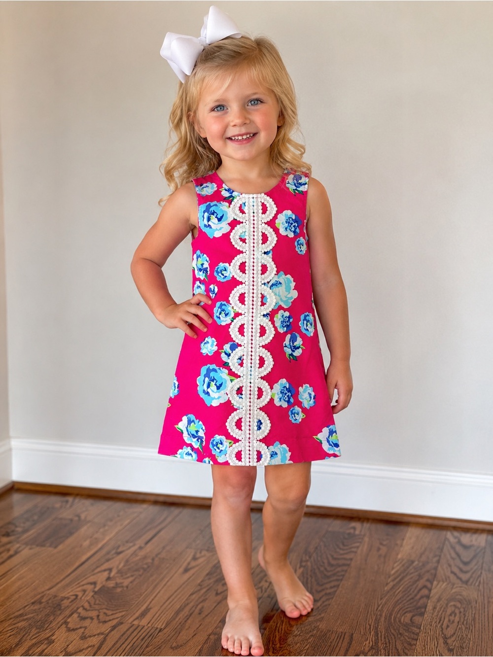 Girls Mud Pie Pink Floral Embroidered Shift Dress, Size 3T